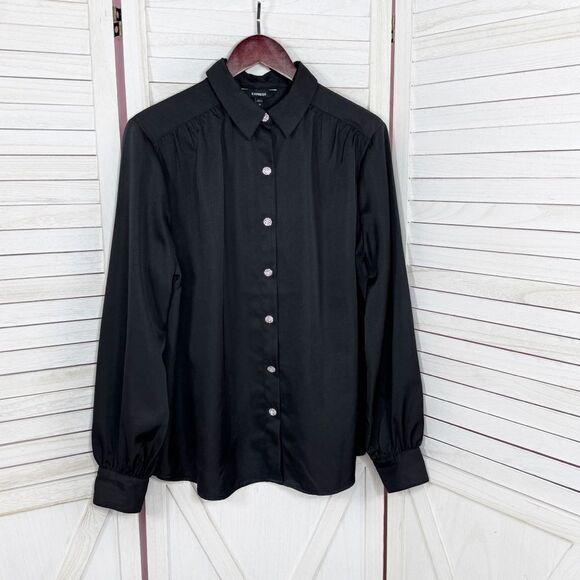 Express Satin Rhinestone Button Up Blouse Shirt Black Large - Picture 8 of 13